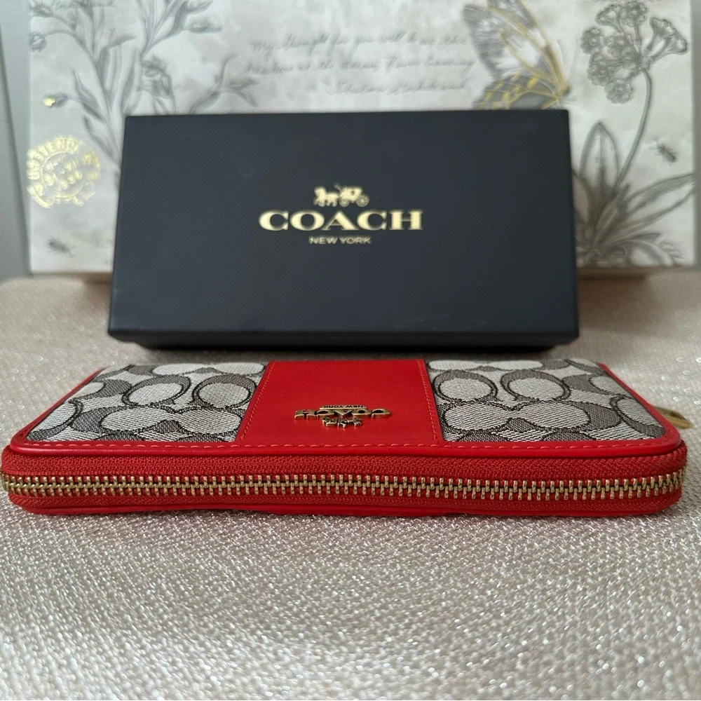 Coach Sport Red and Cocoa Brown Signature Jacquard Zip Accordion Wallet C5731B